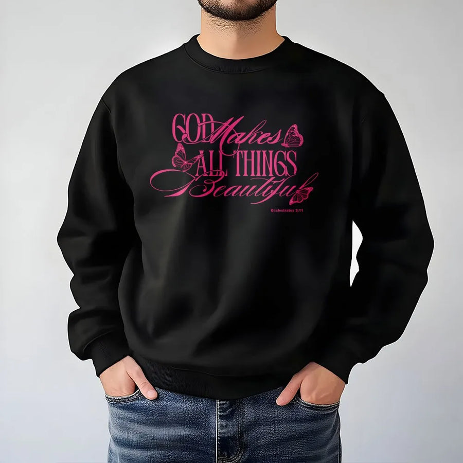 God Makes All Things Beautiful Sweatshirt | Butterfly Faith Graphic | Premium Cotton Blend | Christian Gift for Women and Teens