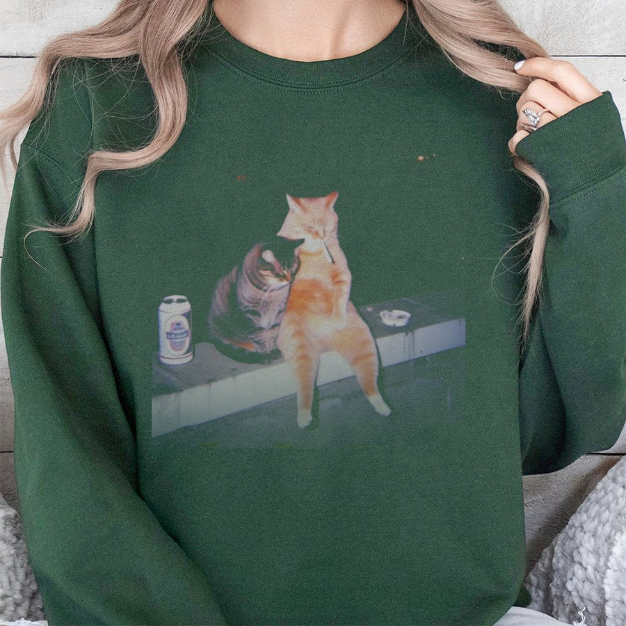 Funny Cat Graphic Sweatshirt | Smoking Drinking Cats Meme Print | Premium Cotton Blend Crewneck | Unisex Gift for Cat Lovers