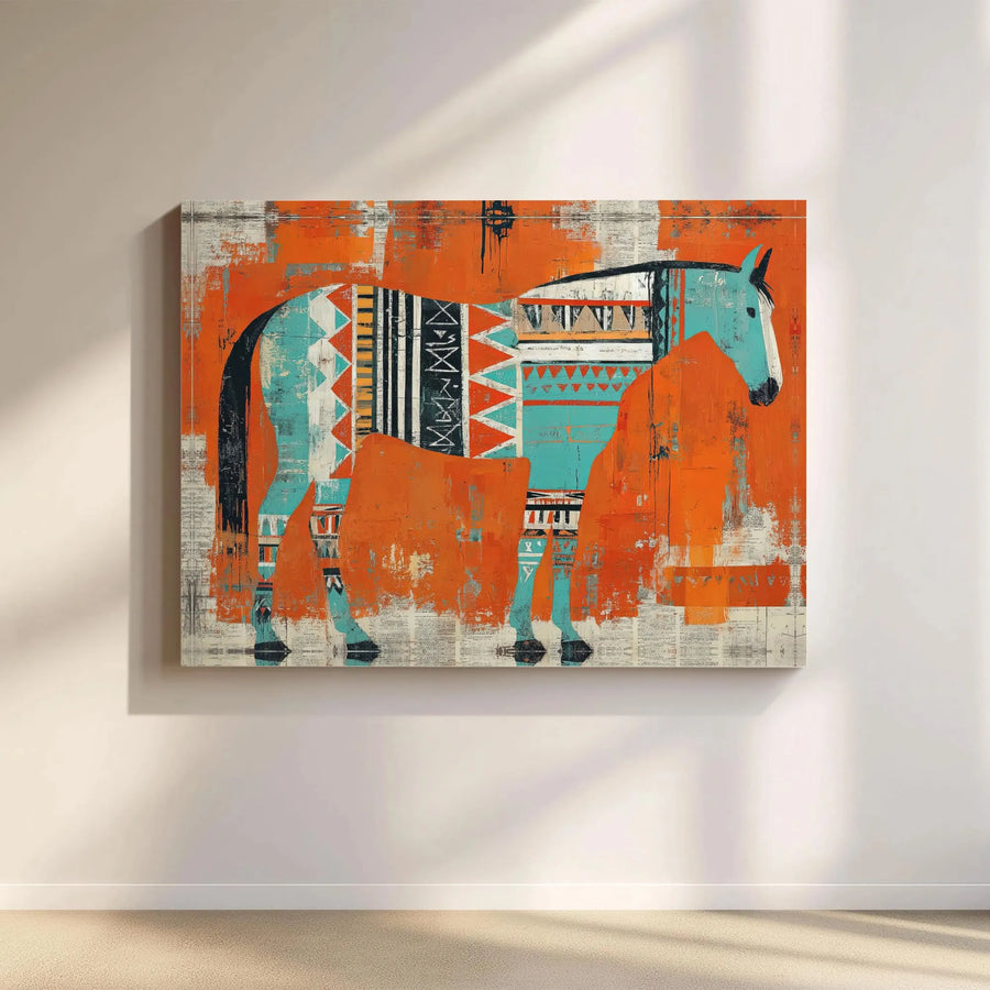 Abstract Horse Wall Art | Southwestern Tribal Pattern Print | Premium Gallery Wrapped Canvas | Western Boho Home Decor Gift