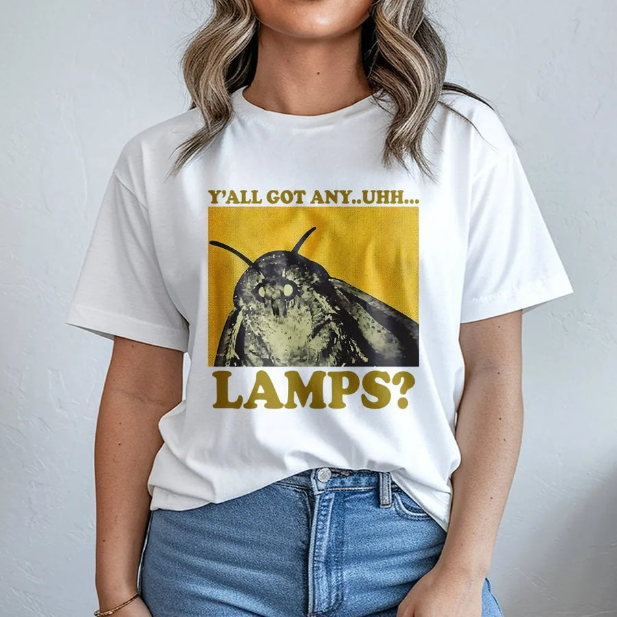 Moth Lamp Meme T-Shirt | Y'all Got Any Lamps Graphic Print | Premium Soft Cotton Tee | Funny Internet Humor Gift for Men Women