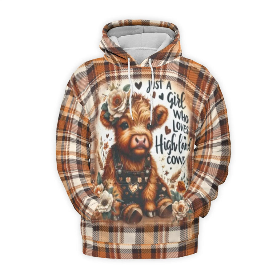 Highland Cow Hoodie | Cute Farm Animal Plaid Graphic Print | Premium Soft Fleece Lining | Gift For Highland Cow Lover Women Girls