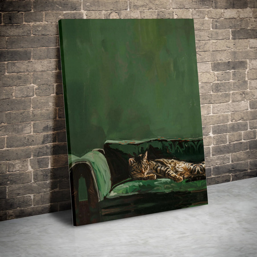 Tabby Cat Wall Art | Sleeping Cat on Green Sofa Painting | Premium Gallery Wrap Canvas Print | Cozy Animal Home Decor Gift