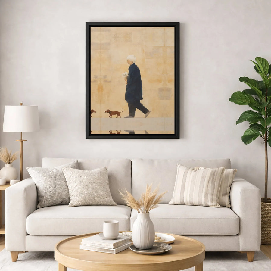 Old Man With Dachshunds Wall Art | Vintage Style Watercolor Painting Print | Premium Gallery Wrap Canvas | Gift For Dog Lovers & Art Collectors