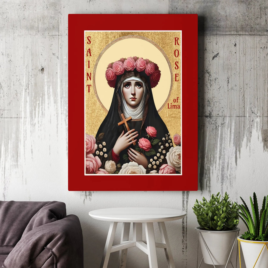 Saint Rose of Lima Religious Canvas Wall Art | Catholic Saint Portrait with Roses | Premium Gallery Wrap Print | Devotional Home Decor Gift