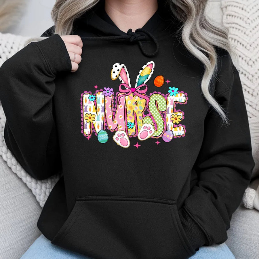 Nurse Easter Hoodie | Cute Bunny Floral Graphic Sweatshirt | Premium Cotton-Poly Blend | Spring Gift for Registered Nurse or Nursing Student