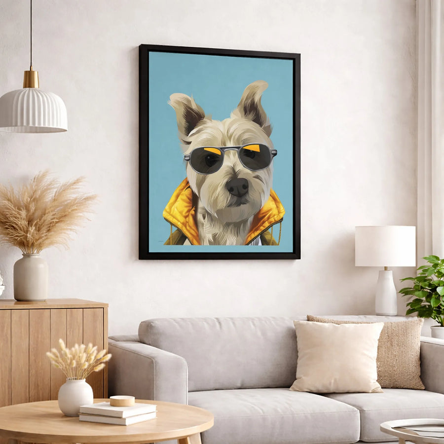 Cool Terrier Dog Canvas Print | Trendy Pup with Sunglasses and Yellow Vest | Premium Gallery-Wrapped Wall Art | Modern Home Decor Gift for Dog Lovers