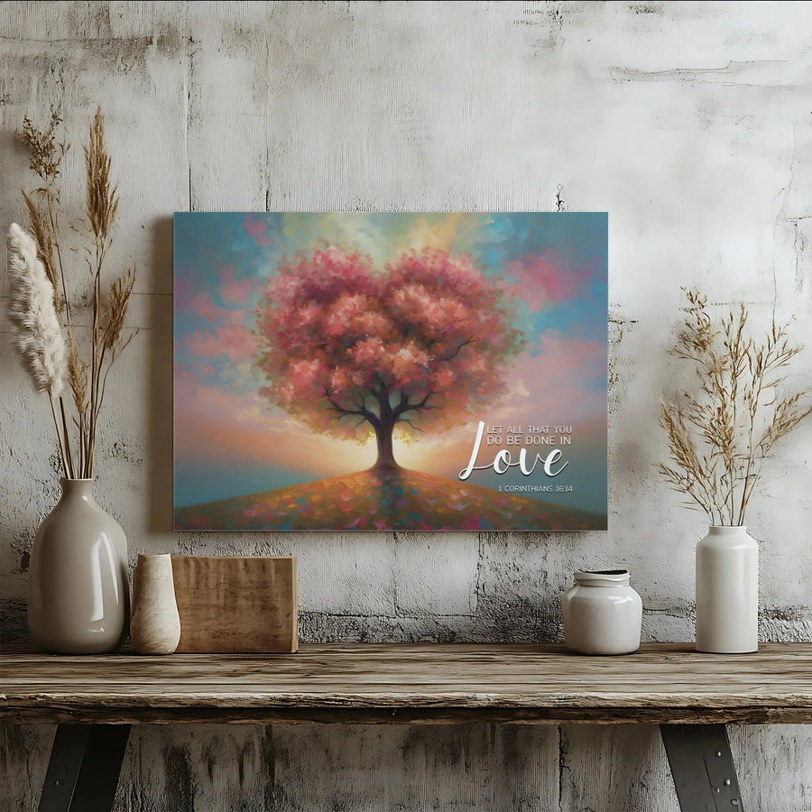 1 Corinthians 16:14 Wall Art | Heart Shaped Tree Canvas Print | Premium Fade-Resistant Gallery Wrap | Religious Home Decor Gift