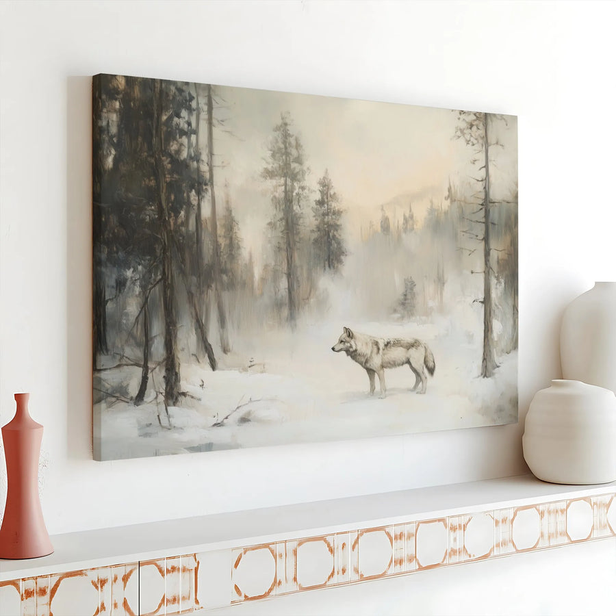 Vintage Wolf Painting Canvas Art | Lone Wolf in Misty Forest Print | Premium Fade-Resistant Canvas | Rustic Cabin Wall Decor Gift