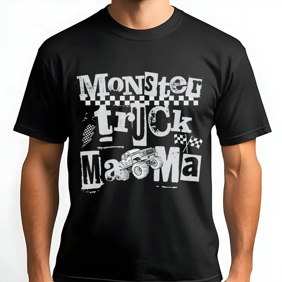 Monster Truck Mama Graphic T-Shirt | Distressed Racing Flag Design | Premium Soft Cotton | Funny Mom Birthday Gift For Racing Fans