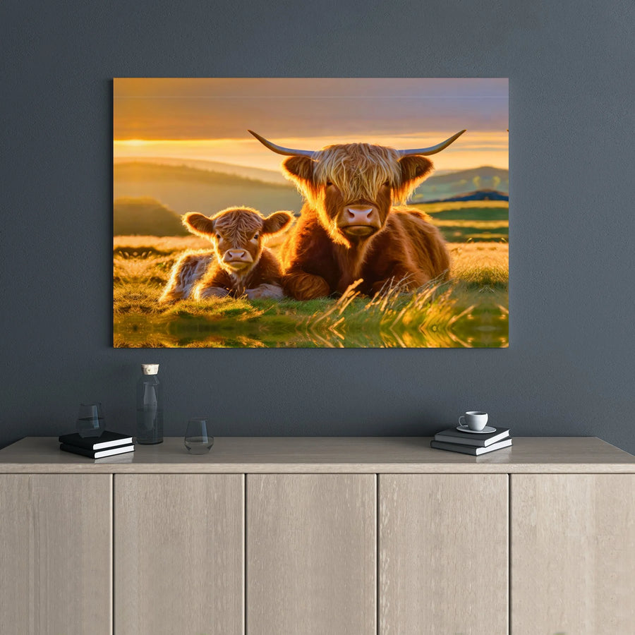 Highland Cow Canvas Print | Mother and Calf Sunrise Landscape | Premium Gallery Wrap Wall Art | Farmhouse Decor for Living Room Gift