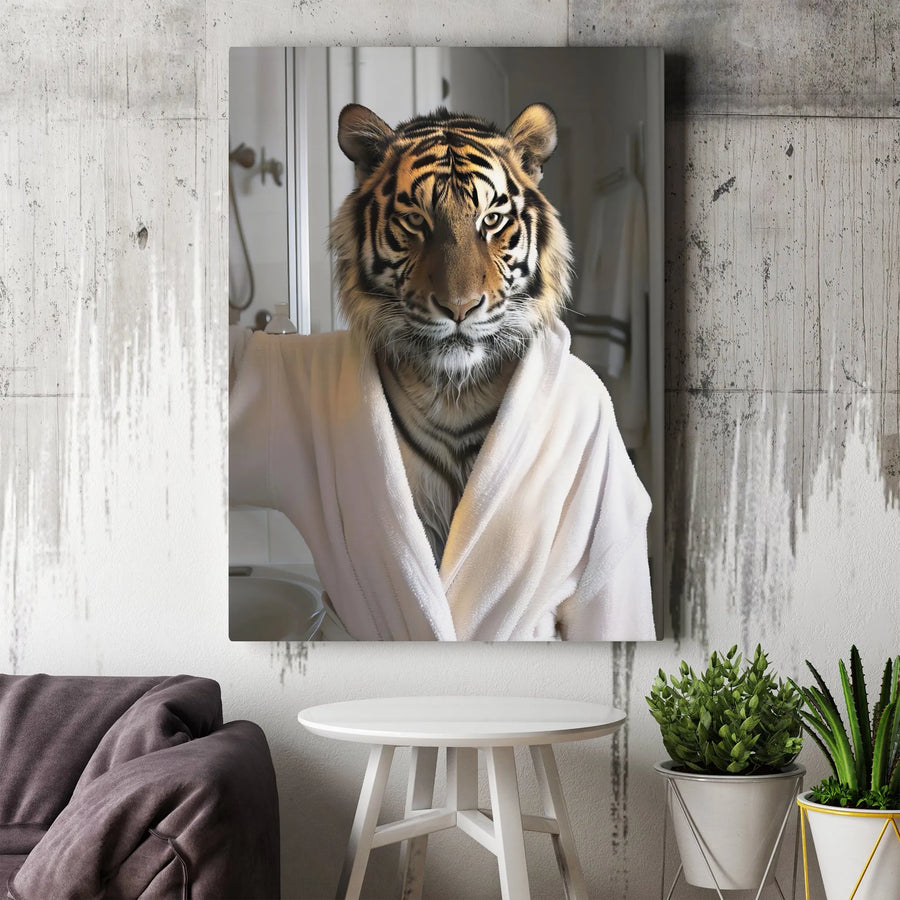 Tiger In Bathrobe Canvas Wall Art | Whimsical Bathroom Animal Portrait | Premium Gallery-Wrapped Print | Unique Home Decor Gift For Animal Lovers