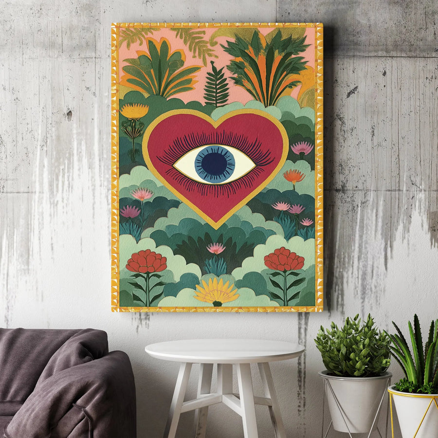 Evil Eye Heart Canvas Wall Art | Whimsical Botanical Garden Design | Premium Fade-Resistant Gallery Wrap | Spiritual Home Decor Gift