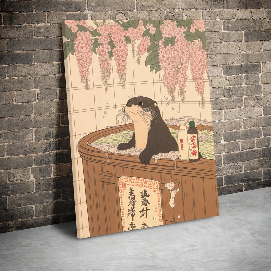 Japanese Otter Wall Art | Ukiyo-e Style Bathing Animal Canvas | Premium 1.25" Gallery Wrap | Whimsical Zen Home Decor Gift for Animal Lovers