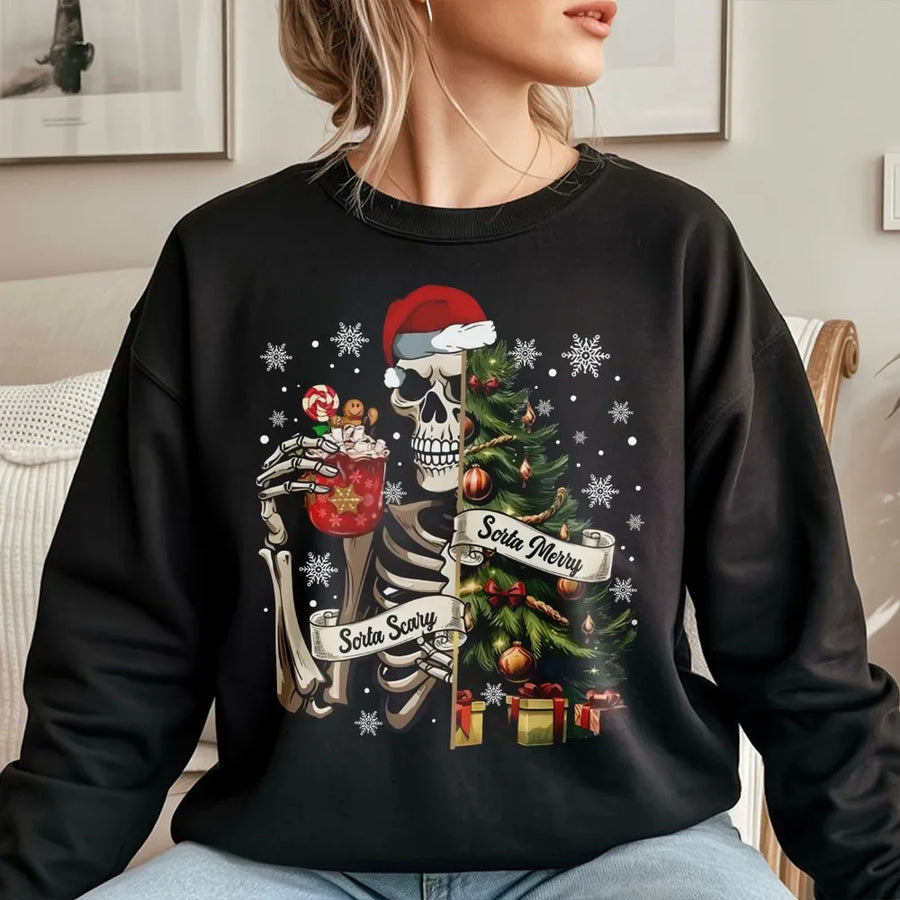 Sorta Merry Sorta Scary Sweatshirt | Skeleton Christmas Tree Graphic | Premium Cotton Blend | Funny Spooky Holiday Gift for Women and Men