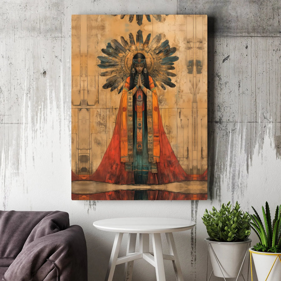 Native American Woman Wall Art | Spiritual Praying Figure with Feather Headdress | Premium Gallery Wrapped Canvas | Cultural Home Decor Gift