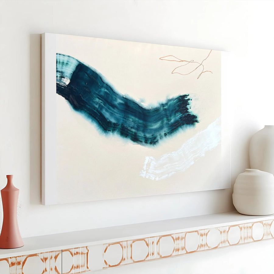 Abstract Canvas Wall Art | Teal and Cream Brushstroke Painting Print | Premium Gallery Wrapped Canvas | Modern Minimalist Home Decor Gift