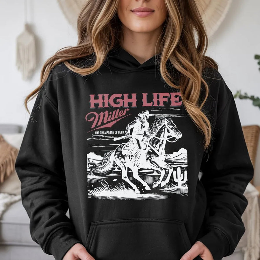 Miller High Life Hoodie - Featuring Front Red Miller Logo, And Back Graphic Of Cowboy On Horse In Desert Scene With The Champagne