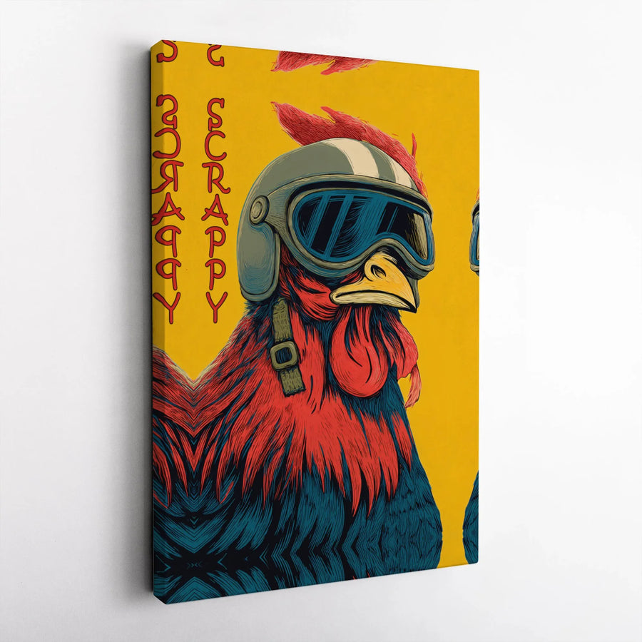 Scrappy Rooster Wall Art | Motorcycle Biker Chicken Canvas | Premium Gallery Wrap Decor | Quirky Farmhouse Gift for Men