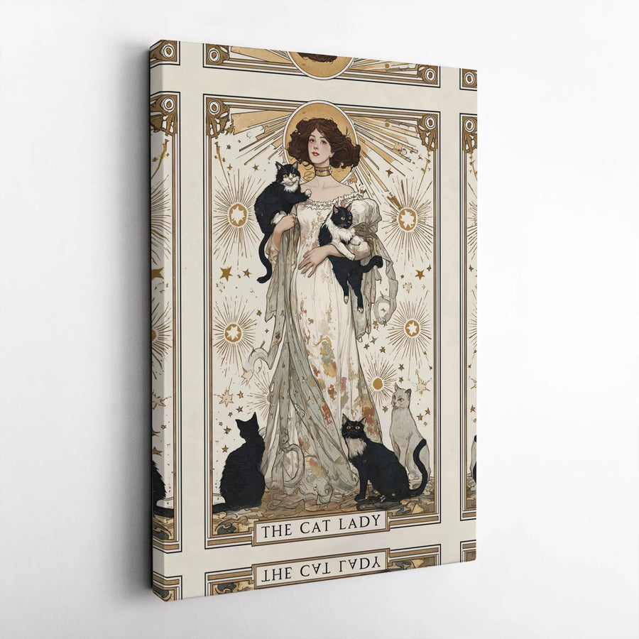 The Cat Lady Tarot Card Wall Art | Art Nouveau Aesthetic Illustration | Premium Gallery Canvas | Unique Gift for Cat Lovers and Mystical Decor
