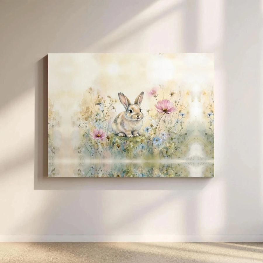 Watercolor Bunny Canvas Wall Art | Whimsical Rabbit & Wildflower Art | Premium Gallery Wrapped Canvas | Gift for Kids Nursery Decor