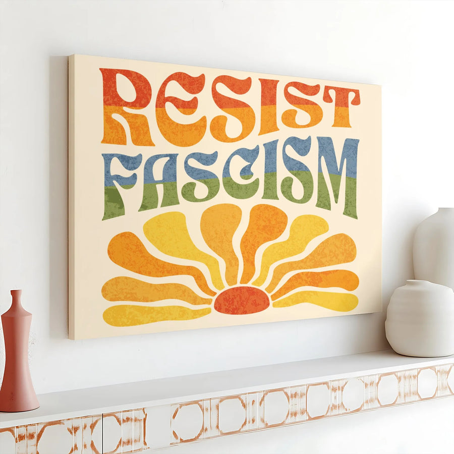 Resist Fascism Canvas Wall Art | Retro 70s Sun Graphic Print | Premium Gallery Wrap Wooden Frame | Protest Decor Gift
