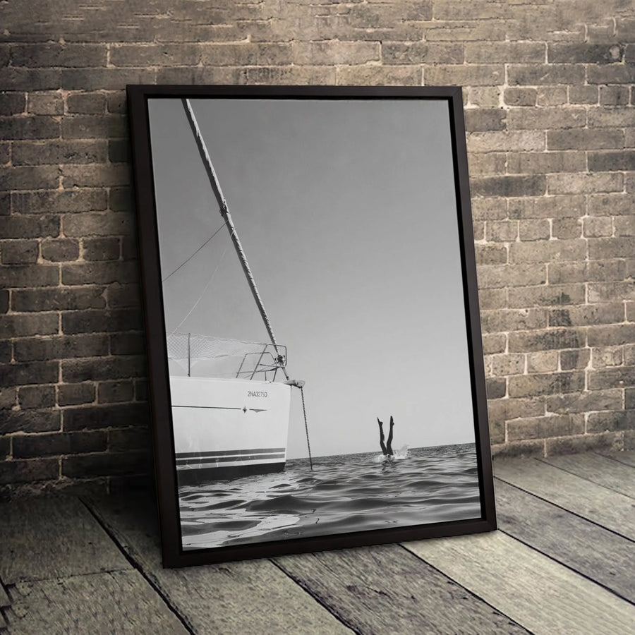 Summer Sailboat Canvas Print | Diving Legs Black and White Photography | 1.25 Inch Gallery Wrap | Coastal Minimalist Wall Art Decor