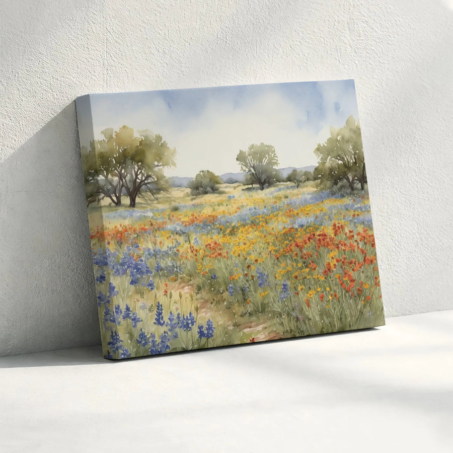 Texas Wildflower Canvas Wall Art | Watercolor Bluebonnet Field Painting | Premium Gallery Wrapped Canvas | Rustic Farmhouse Wall Decor Gift