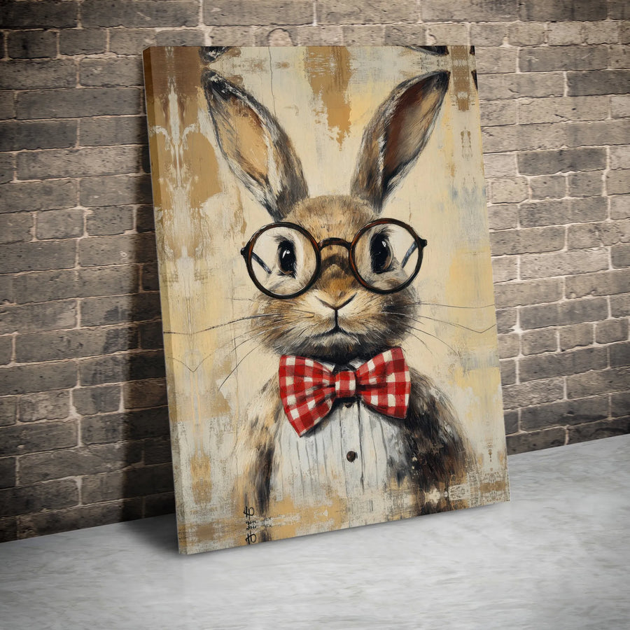 Hipster Bunny Canvas Print | Vintage Style Rabbit with Glasses Wall Art | Premium Gallery Wrapped Canvas | Unique Home Office Decor Gift