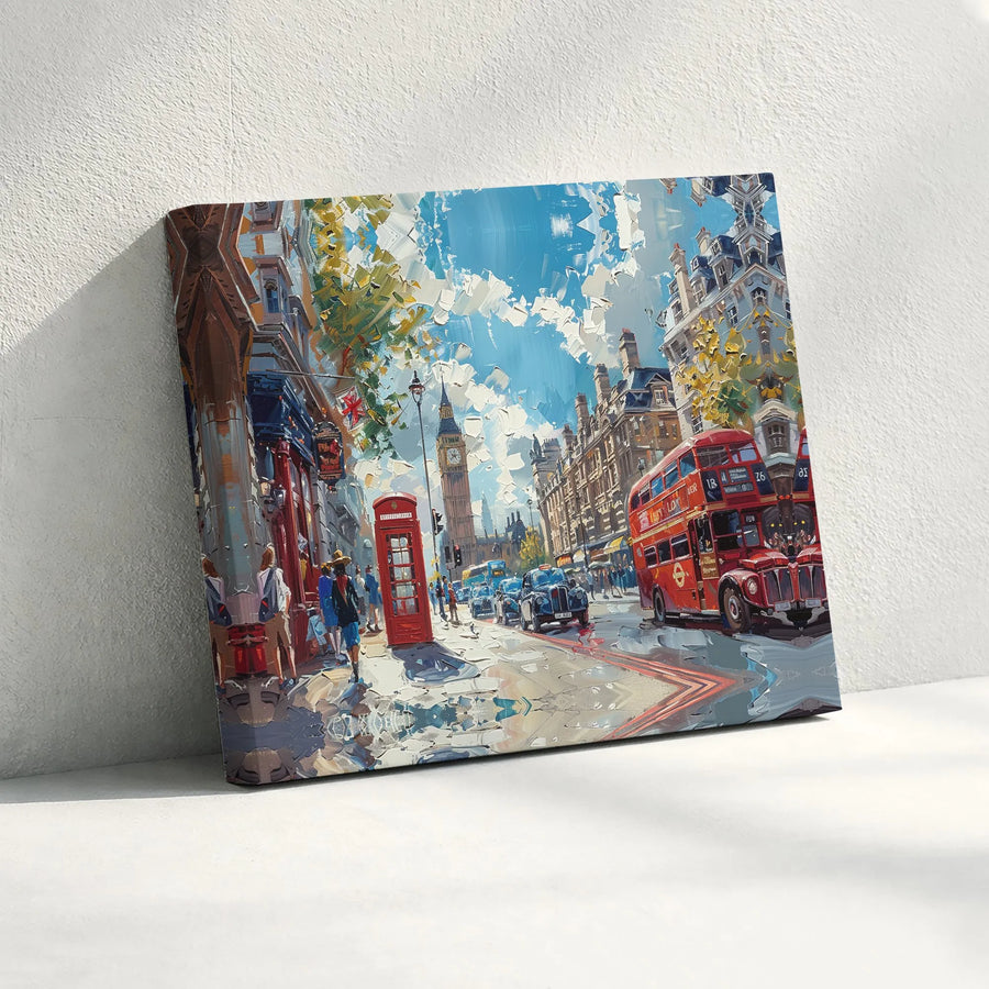 London Canvas Wall Art | Impressionist Cityscape with Red Bus & Big Ben | Gallery Wrapped Premium Canvas | British Home Decor Gift for Traveler