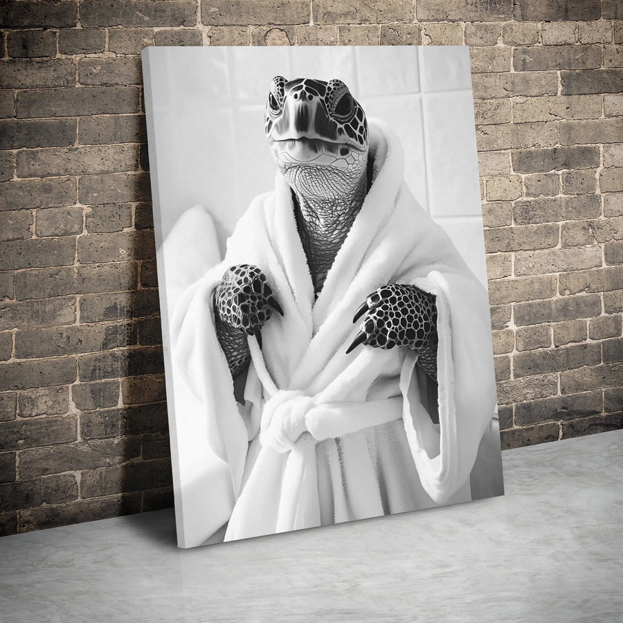 Sea Turtle in Bathrobe Canvas Wall Art | Whimsical Bathroom Animal Portrait | Premium Gallery-Wrapped Print | Funny Home Decor Gift