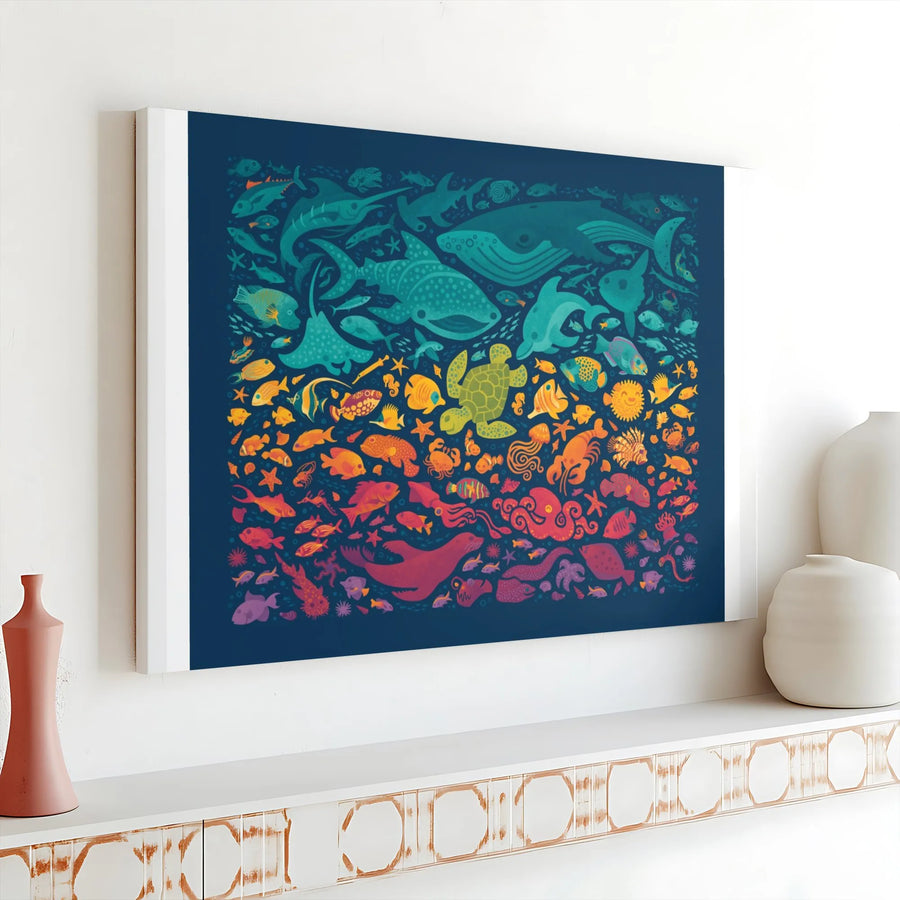 Ocean Life Canvas Wall Art | Colorful Aquatic Animal Spectrum Print | Thick Gallery Wrap Canvas | Kids Room & Nursery Decor Gift