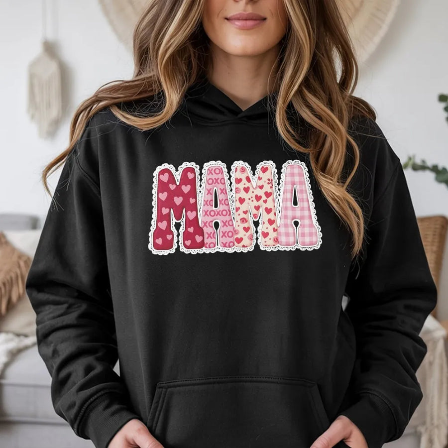 Valentines Mama Hoodie | Heart Pattern Graphic Sweatshirt | Cotton-Poly Premium Blend | Cute Valentine's Day Gift For Mom