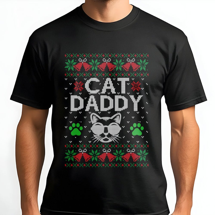 Cat Daddy Christmas T-Shirt | Retro Ugly Sweater Style Graphic | Premium 100% Cotton | Funny Cat Lover Gift for Him and Her