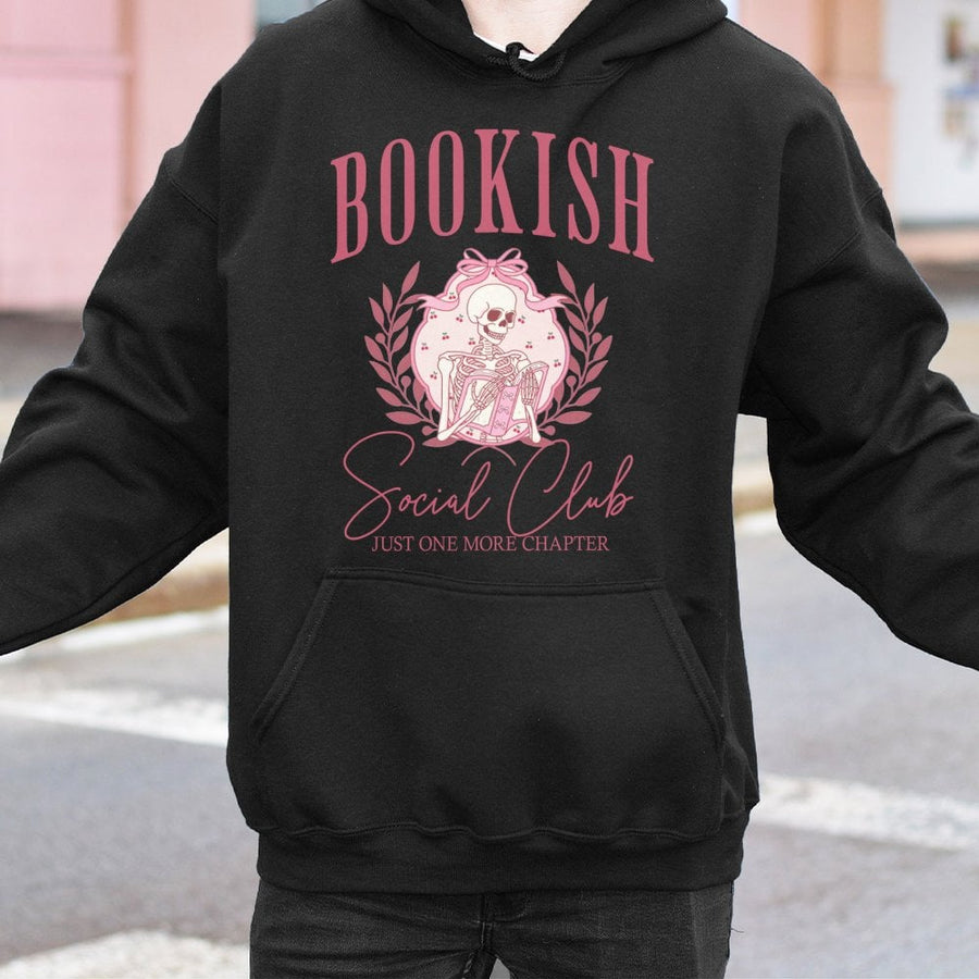 Bookish Social Club Hoodie | Coquette Aesthetic Skeleton Reading Design | Premium Cotton Blend | Gift For Book Lovers & Library Readers