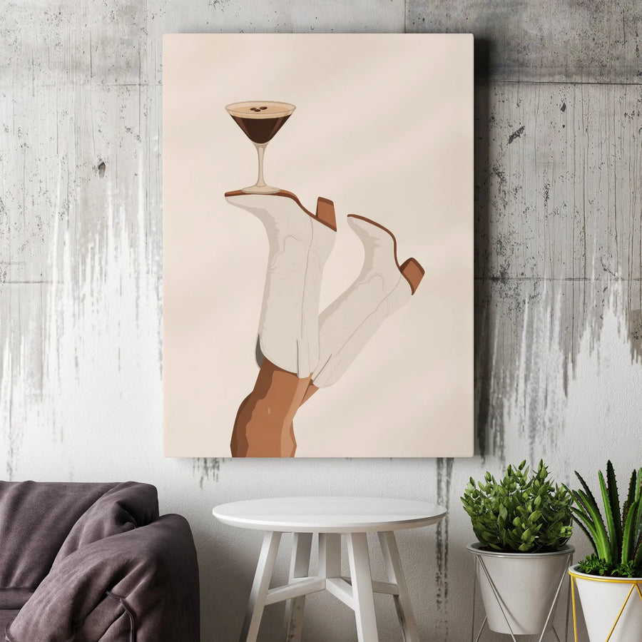 Espresso Martini Wall Art | White Cowboy Boots Illustration | Premium Gallery Wrap Canvas | Chic Bar Cart Kitchen Decor