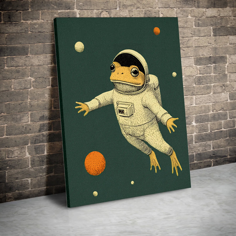 Frog Astronaut Canvas Wall Art | Vintage Illustration Style Space Print | Premium Thick Gallery Canvas | Whimsical Kids Room Decor Gift