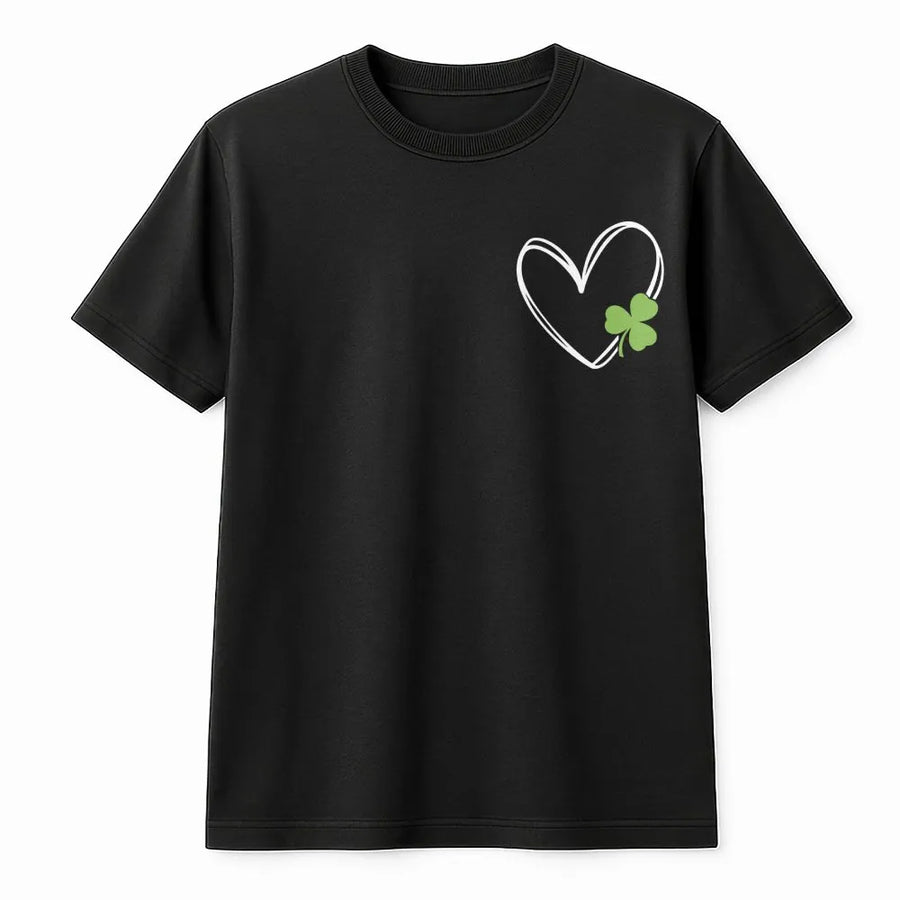St Patrick's Day Heart T-Shirt | Minimalist Shamrock Pocket Print | Premium Soft Cotton Tee | Cute Irish Clover Gift for Women & Men