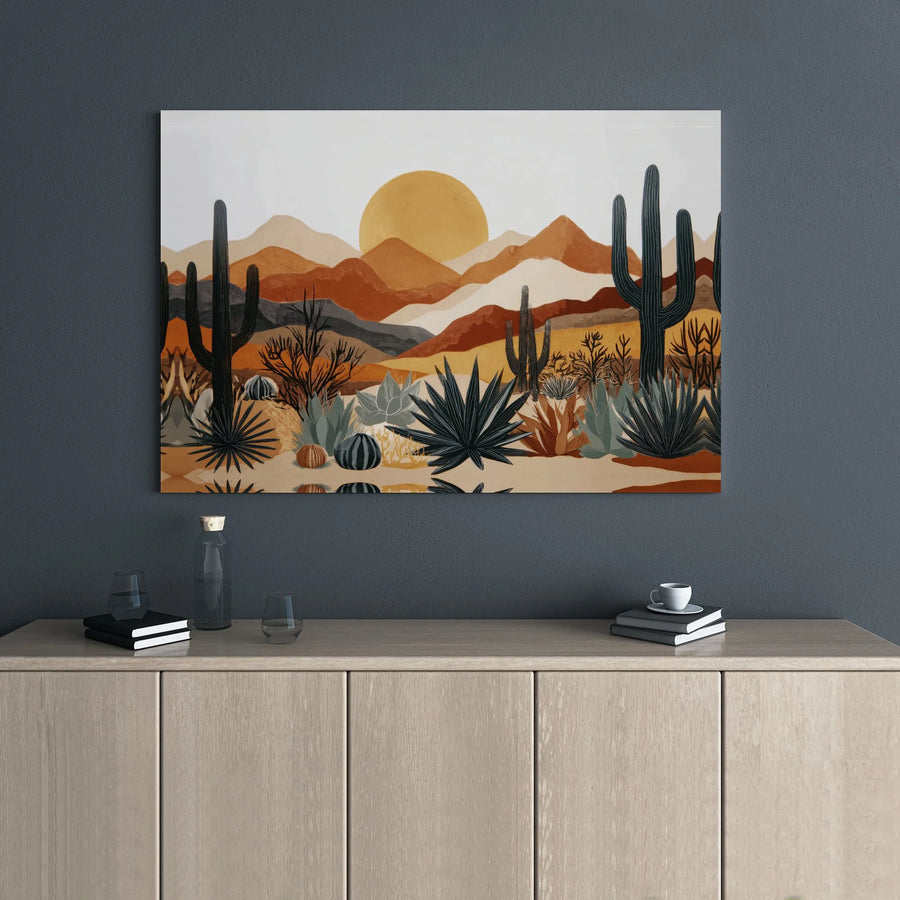 Boho Desert Landscape Wall Art | Mid-Century Modern Cactus & Mountain Print | Premium Gallery Wrapped Canvas | Minimalist Home Decor Gift