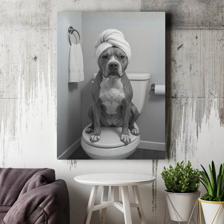 Funny Pit Bull Bathroom Wall Art | Dog on Toilet with Towel Portrait | Premium Gallery Wrap Canvas | Unique Home Decor Gift for Dog Lovers