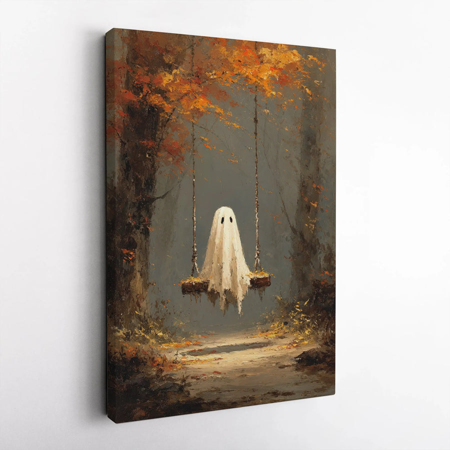 Ghost on a Swing Wall Art | Moody Autumn Forest Oil Painting Style | Premium 1.25" Gallery Wrapped Canvas | Spooky Halloween Home Decor Gift