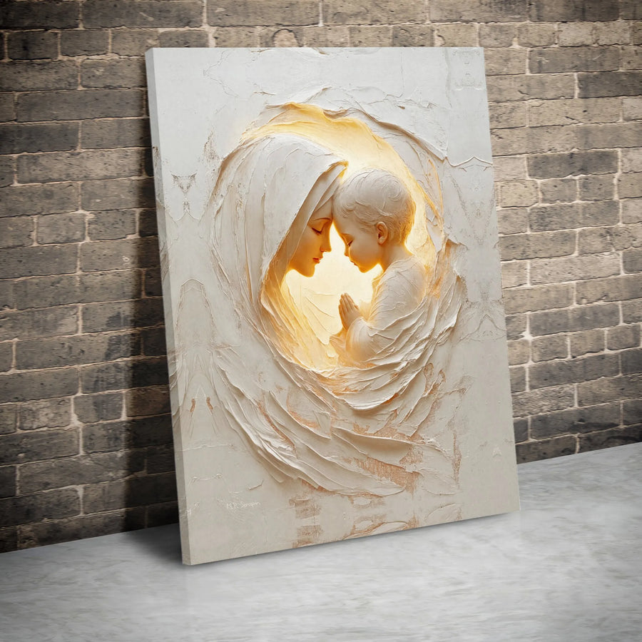 Virgin Mary and Jesus Canvas Wall Art | Serene Madonna and Child Praying Art | Premium Textured Relief Style Print | Religious Home Decor Gift for Christians