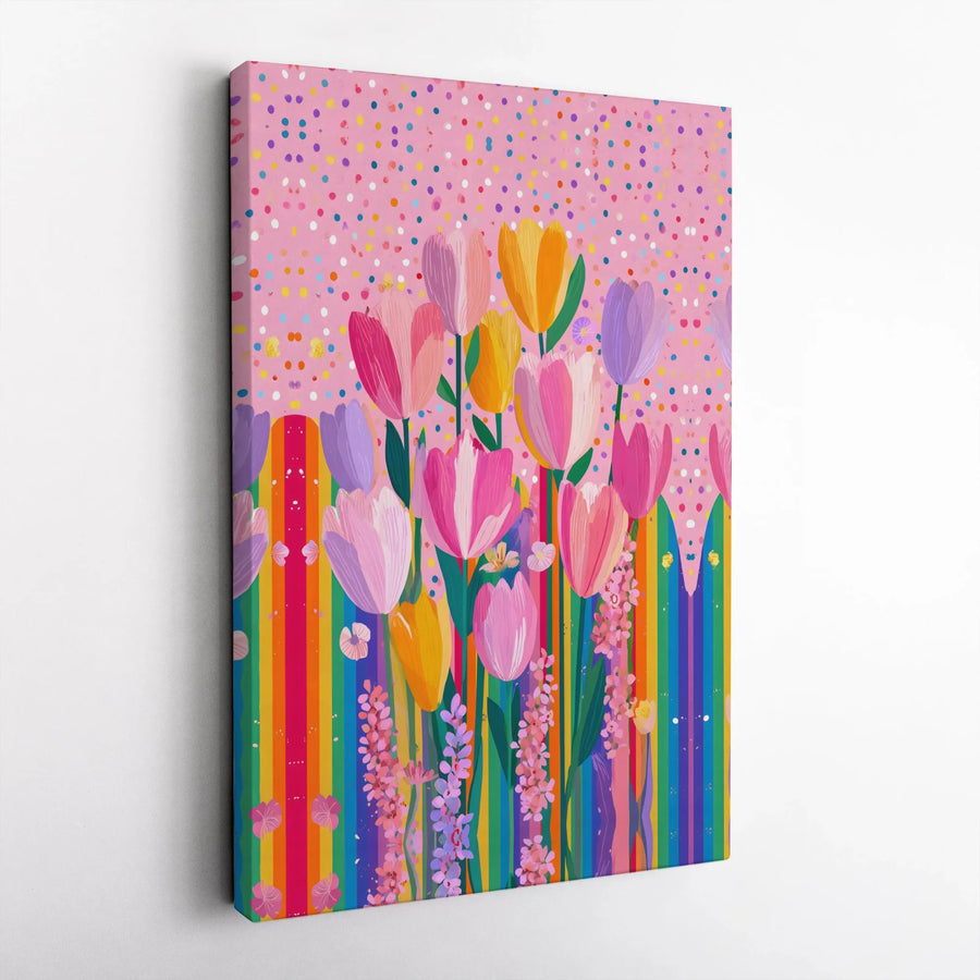Rainbow Tulip Canvas Print | Vibrant Spring Floral Painting | Premium Framed Wall Decor | Gift for Her, Kids Room Decor