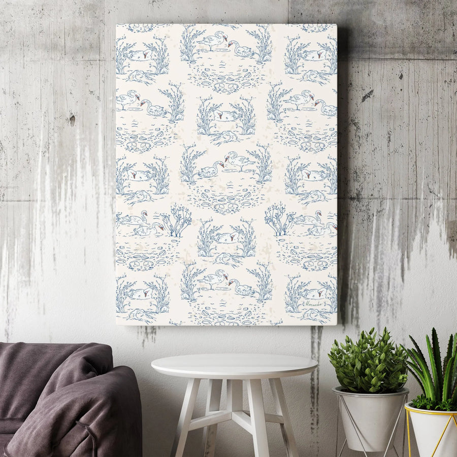 Swan Lake Toile Canvas Wall Art | Blue and White Botanical Print | Premium Gallery Wrapped 1.25" Profile | Elegant Home Decor for Living Room