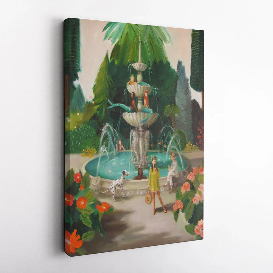 Surreal Mermaid Fountain Canvas Print | Whimsical Painting with Woman Taking Selfie | Premium Gallery Wrapped Wall Art | Collector's Eclectic Home Decor