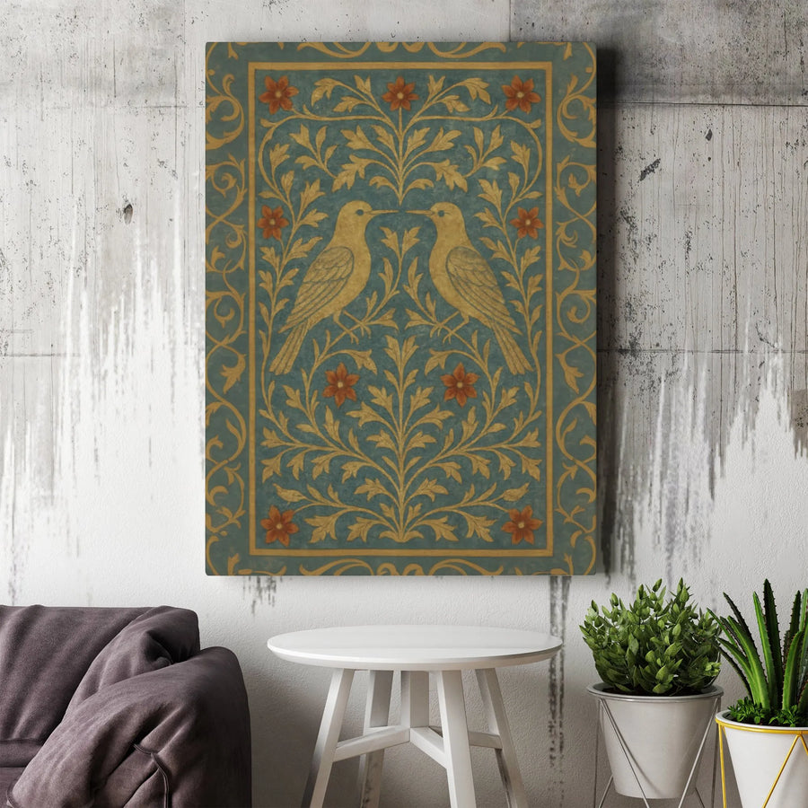 Vintage Bird Canvas Wall Art | Symmetrical Floral Damask Print | Premium Gallery Wrap | Bohemian Home Decor Gift