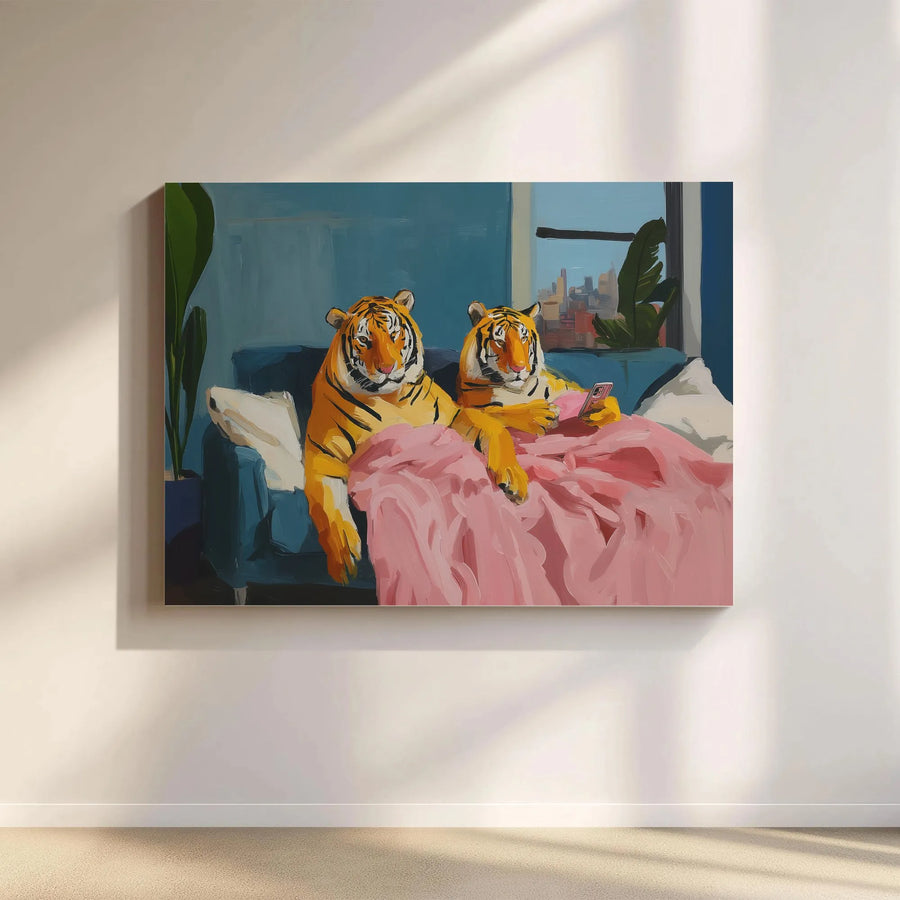 Tiger Wall Art | Two Tigers Relaxing On Sofa Digital Illustration | Premium Gallery Wrapped Canvas | Whimsical Animal Home Decor Gift
