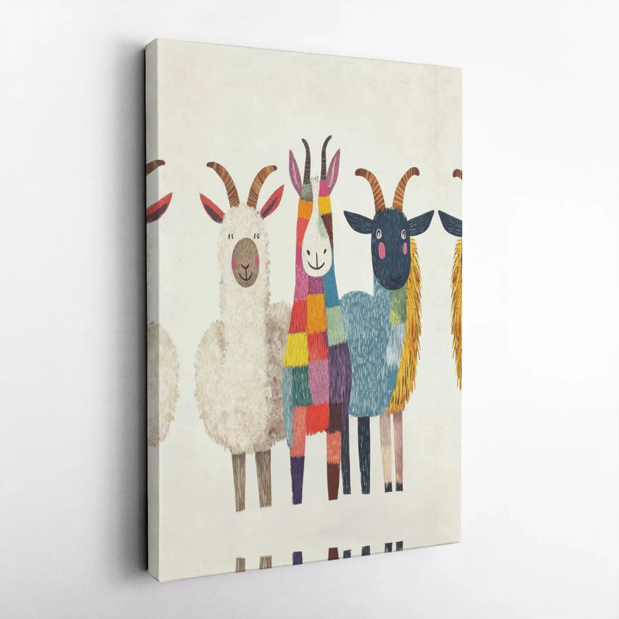 Llama And Goat Wall Art | Colorful Patchwork Whimsical Animal Illustration | Premium Gallery Wrap Canvas | Nursery Or Farmhouse Decor Gift