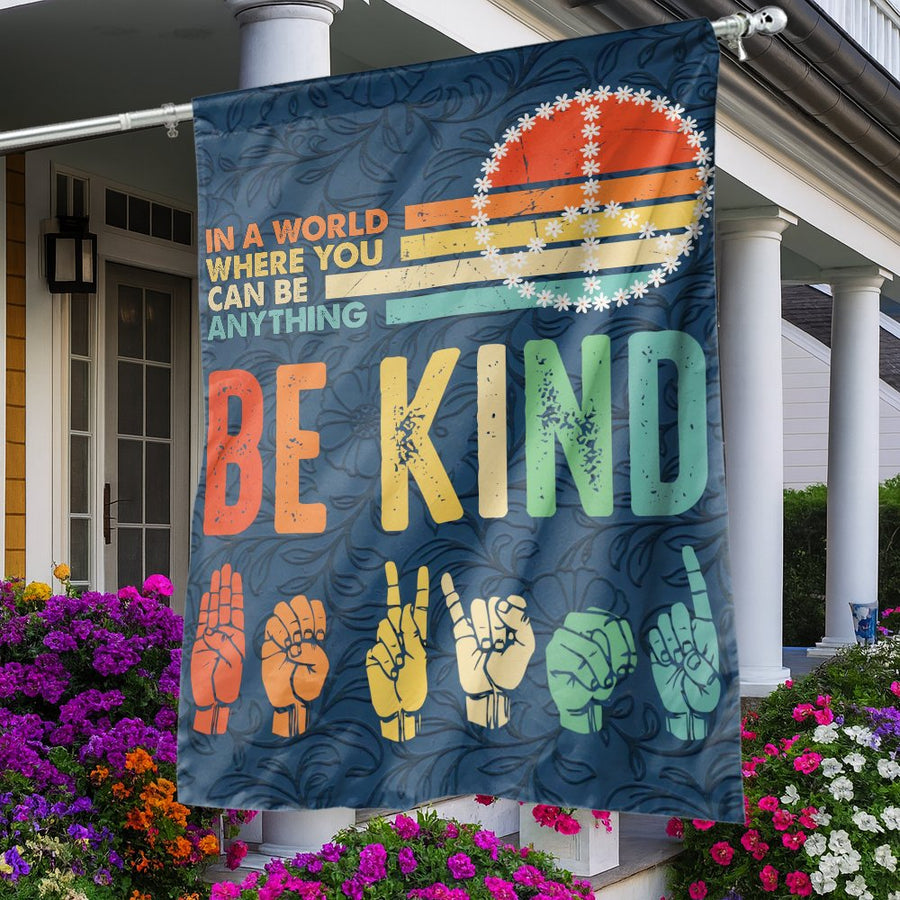 Be Kind ASL Garden Flag | Retro Sign Language Peace Sign Decor | UV-Resistant Polyester Banner | Inclusive Garden Gift