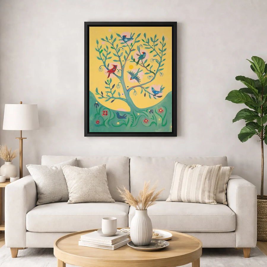 Folk Art Tree Of Life Canvas | Colorful Bird Garden Wall Art | Gallery-Quality Premium Print | Nature-Inspired Home Decor Gift
