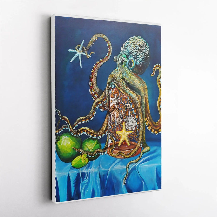 Octopus Wall Art Vertical Canvas | Surreal Kraken Painting with Starfish Jar | Premium Gallery Wrapped Print | Coastal Living Room Decor Gift